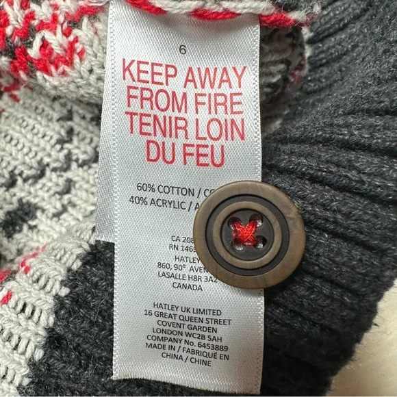 Hatley Sweater Buttoned Festive Red/White/Grey Size 6 - Picture 6 of 16